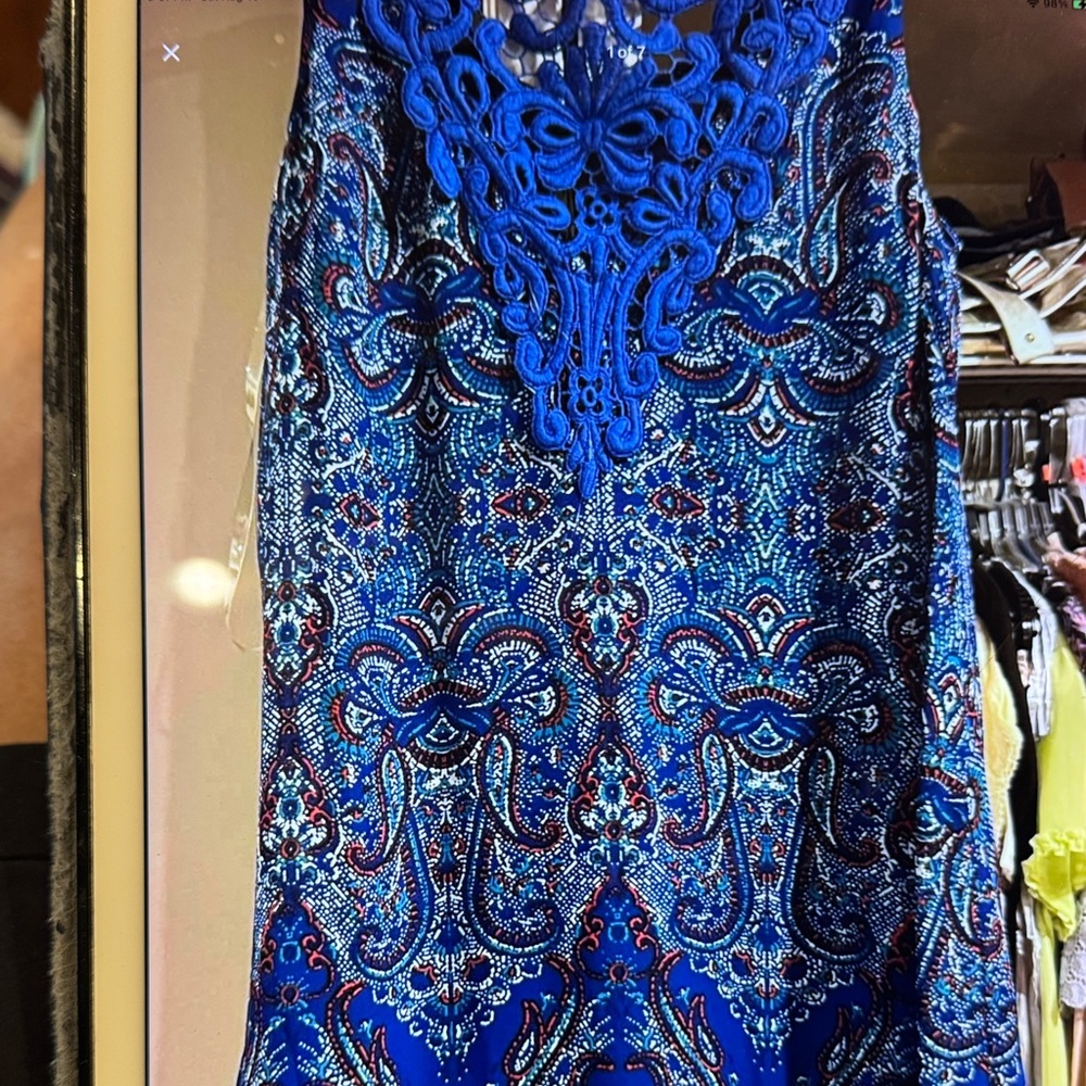 Blue Patterned Dress with Lace Detail